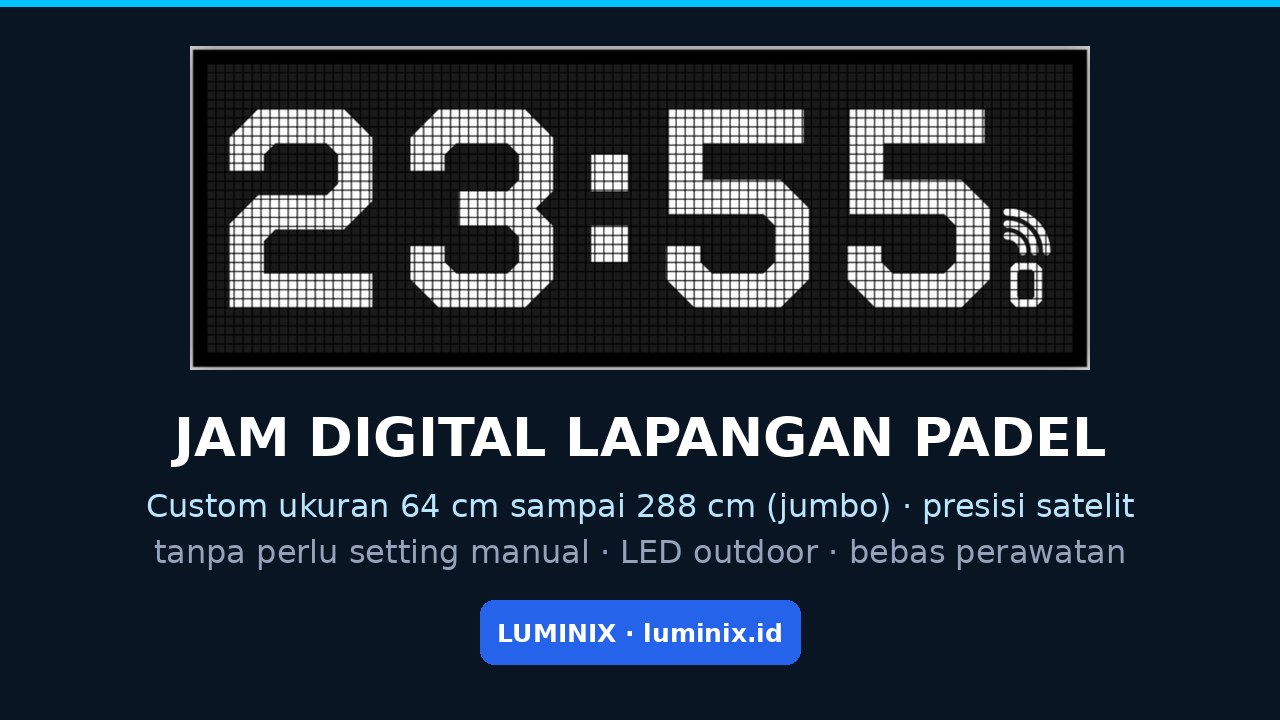Jam digital lapangan padel LumiClock dengan tampilan waktu besar